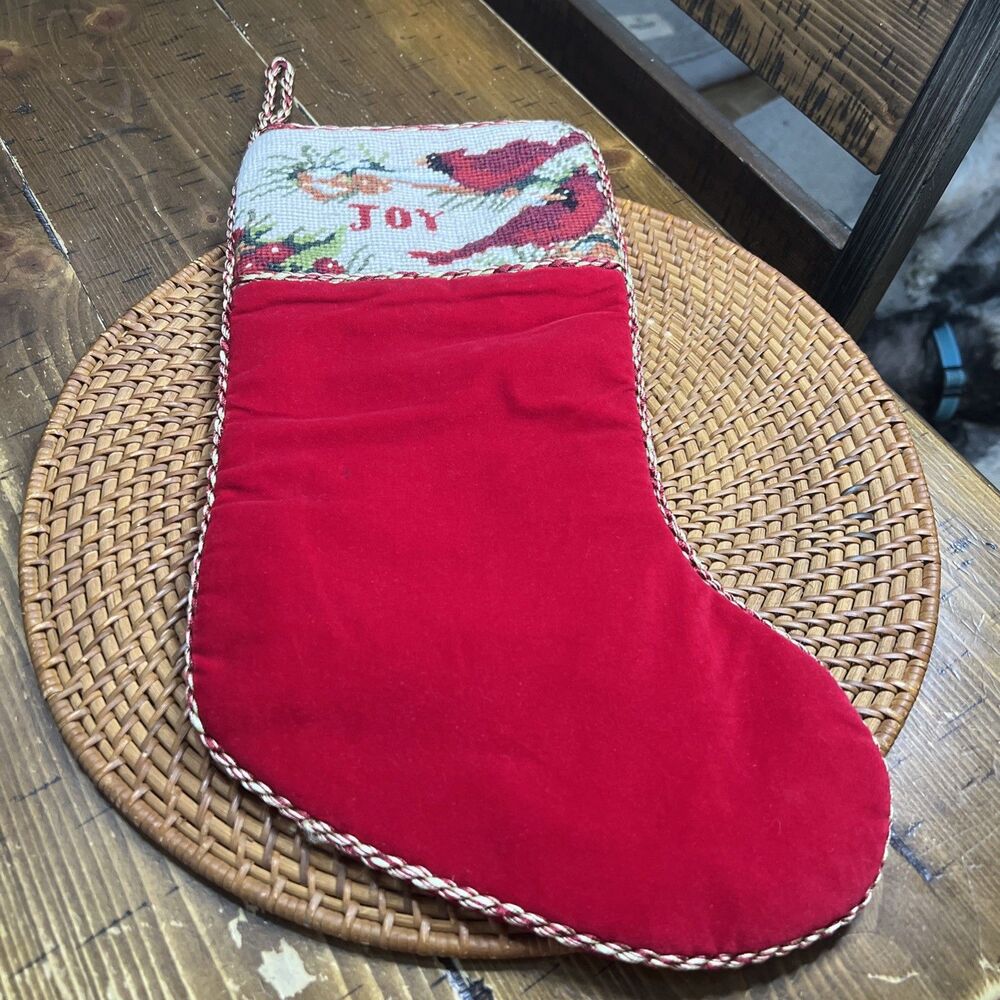 Vintage CHRISTMAS STOCKING 16 1/2”, Needlepoint Cardinals, Velvet, Cording